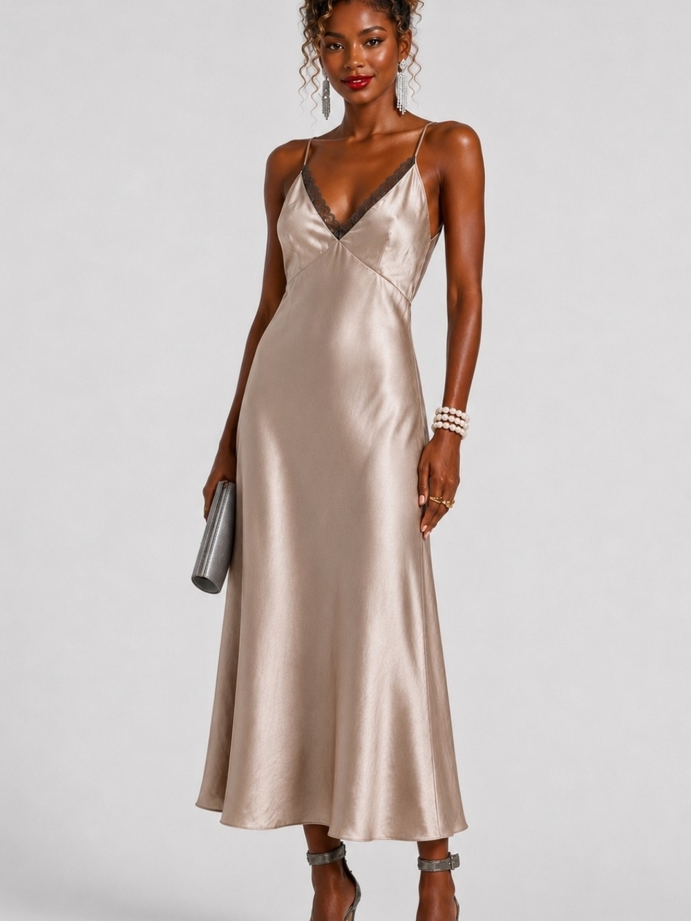 Satin Slip Midi Dress in Nude with Black Lace Size Small NEW